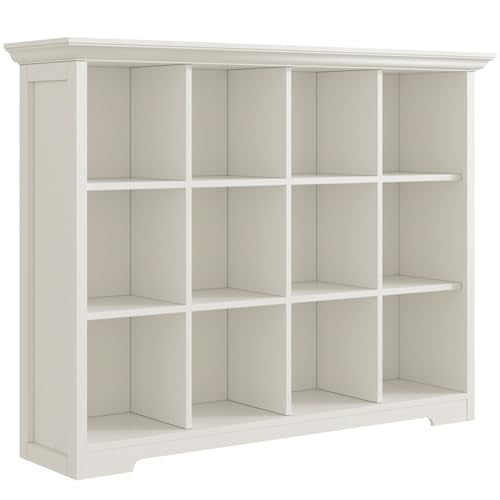 12-Cube Open Bookcase with Base, 3-Tier Wooden Bookshelf, White | Curved Base, Crown Molding, Fits 11×11" Bins, Modern Storage Cabinet for Living Room, Bedroom, Home Office - color: Warm White, size: 12-Cube