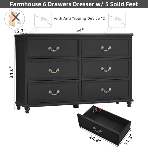Joaxswe Farmhouse 6 Drawers Dresser for Bedroom, Vintage 54" Wide Chest of Drawers w/ 4 Wooden Legs, Rustic Large Closet Storage Dressers Organizer for Hallway, Wood TV Stand for Living Room, Black - color: Black, size: 15.7"D x 54"W x 34.6"H (6 Drawers)