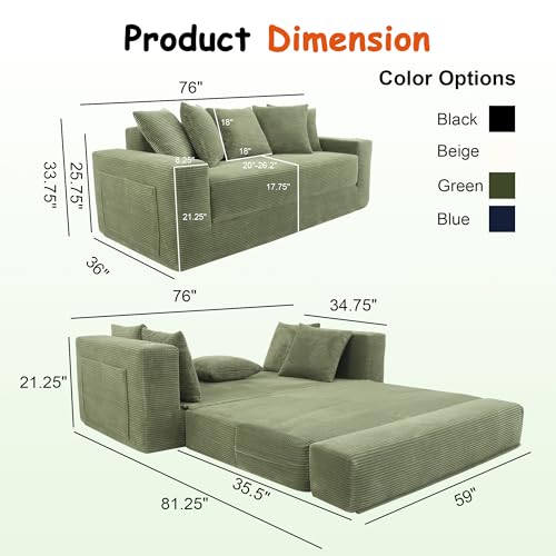 76" Convertible Sofa Bed, Corduroy Boneless Couch with Cup Holders & Pocket | 2-in-1 Sleeper Sofa, Pull-out Couch Bed with 5 Pillows, Living Room, Small Spaces, Bedroom, No Assembly - color: 76"light Green