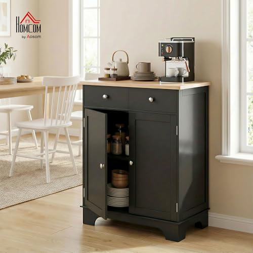 HOMCOM Sideboard Buffet Cabinet Solid Wood Countertop Black | Modern Kitchen Storage, Coffee Bar Cabinet, 2 Drawers, Doors, Adjustable Shelf - color: Black, size: 26.75" x 15.75" x 33.5"