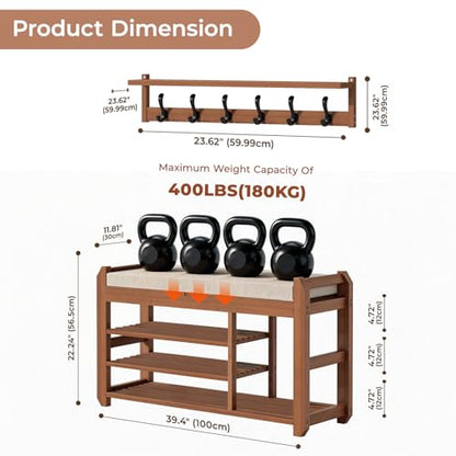 39.4" Bamboo Shoe Bench with Cushion, 6 Hooks Coat Rack, 3-Tier Adjustable Storage Bench for Entryway, Heavy Duty Shoe Rack Organizer with Removable Soft Cushion for Living Room Bedroom Hallway - size: 39.4"