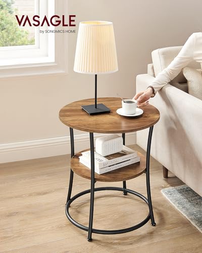 VASAGLE 21.7-Inch Round Side Table, 2-Tier End Table | Nightstand with Steel Frame, Spacious Top, for Small Spaces, Living Room, Bedroom, Honey Brown and Ink Black ULET056B41 - color: Honey Brown + Ink Black, style: Without Power Strip