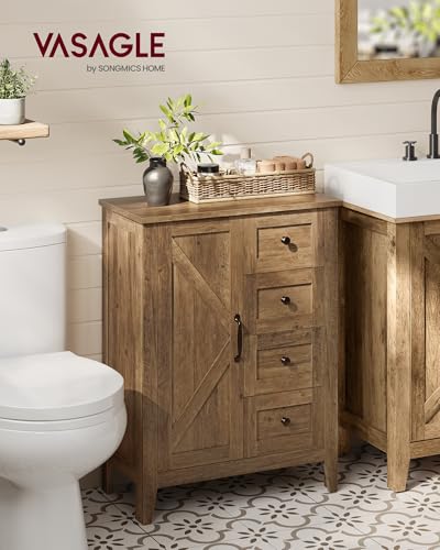 VASAGLE LIRY Collection - Storage Cabinet, Farmhouse Bathroom Floor Cabinet with 4 Drawers, Freestanding Storage Organizer, Barn Door, Adjustable Shelf, Honey Brown, UBBK753K01 - color: Honey Brown, size: 1 Door + 4 Drawers（31.5"H）