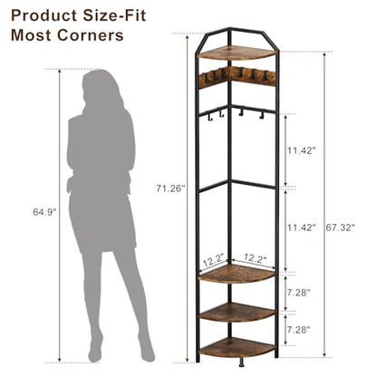 X-cosrack Corner Hall Coat Tree Freestanding with 10 Movable Hook, Shelf-Adjustable Coat Rack Stand for Purse, Hat, Bag and Shoe, Narrow for Small Space Living Room Bedroom Office Entryway Storage