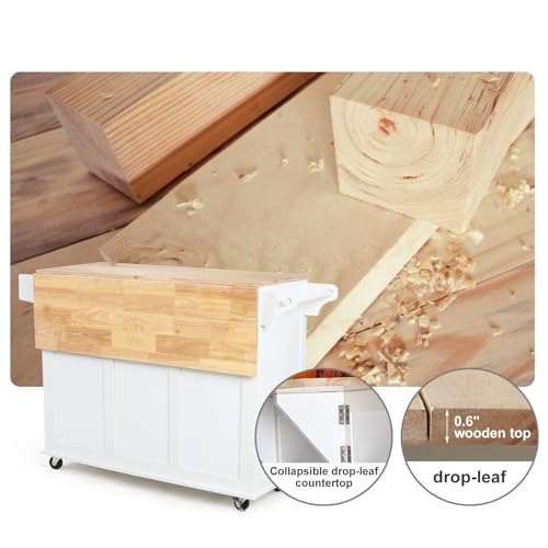 Mobil Kitchen Island Cart with Drop Leaf, Kitchen Cart Rolling Mobile Island with Wooden Countertop, Island Table for KitchenSpice Rack,Adjustable Shelves and Drawers, White