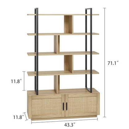 IDEALHOUSE 5 Tier Tall Bookshelf with Open Display Shelves, 71 Inch Rattan and Metal Frame Bookcase with Storage, Multi-Use Bookcase for Living Room, Bedroom, and Home Office - color: Natural Wood