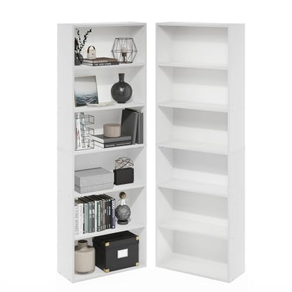 Furinno Jaya Book Shelf Set of 2, 6-Tier Bookshelf, Bookcase, 9.5 x 24.6 x 71, for Home Office, Living Room, White - color: White, size: Set of 2, 6-Tier