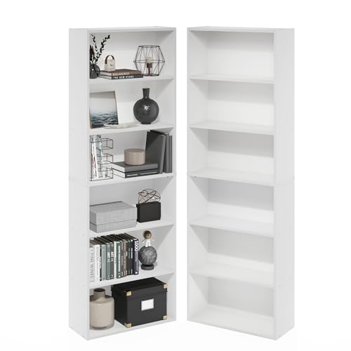 Furinno Jaya Book Shelf Set of 2, 6-Tier Bookshelf, Bookcase, 9.5 x 24.6 x 71, for Home Office, Living Room, White - color: White, size: Set of 2, 6-Tier