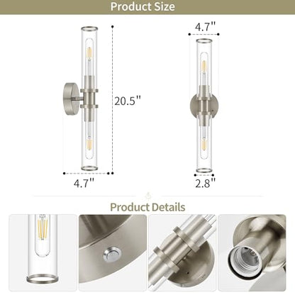 Rayogale Nickel Wireless Battery Operated Wall Sconces with Remote Control | Glass Rechargeable Wall Lights Set of 2 with Timer Function Dimmable for Living Room Bedroom Emergency 3000K, 20.5 Inch - color: Nickel(Clear Tubular Lampshade)