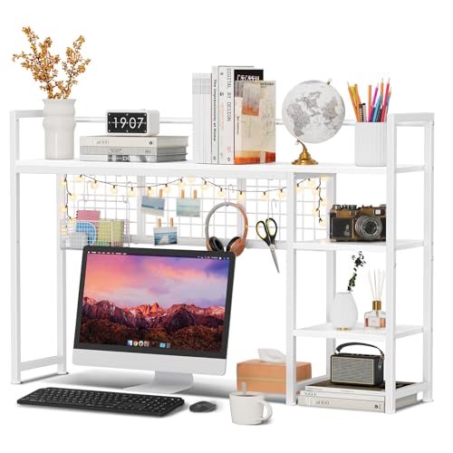 Snughome Desk Shelf, 44.9" Desktop Organizer Shelf, Desk Hutch for Computer Monitor, 4 Tier Desk Display Rack with Pegboard Hooks Set, Wood Desktop Bookshelf for Home Office Dorm - color: White, size: 44.9"