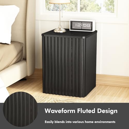 Fluted Side Table with Storage-Small Square End Table | Solid Wood Veneer Top, Accent Tables, Modern Farmhouse Pedestal Drink Tables for Couch, Sofa, Living Room, Black - color: Black