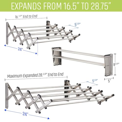 Wall Mounted Clothes Drying Rack | Adjustable to Fit Your Space | 20 Linear Feet Drying Capacity | 8 Stainless Steel Rods | 60 lb Capacity | Fully Assembled | Compact Space-Saving Design