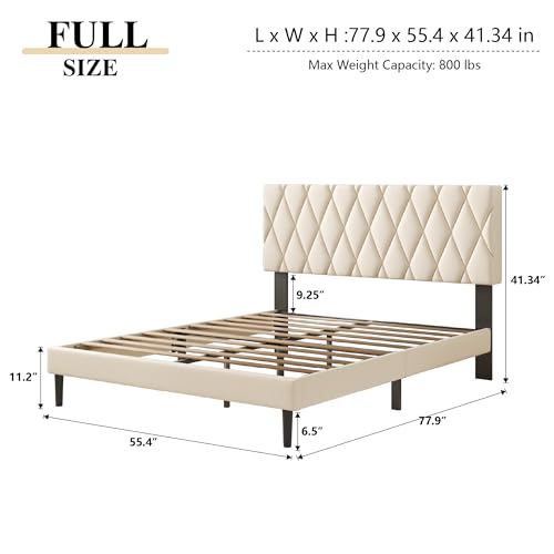 CXVX Full Size Bed Frame with Diamond Tufted Headboard, Velvet Upholstered Platform Bed and Wooden Slat Support, Noise-Free, No Box Spring Needed, Easy Assembly, Beige - color: Beige, size: Full
