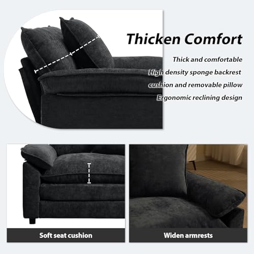 Modern Oversized Chair, Comfy Chenille Accent Chair Large Upholstered Armchair with Extra Thick and Deep Seat Lounge Chair for Living Room,Bedroom,Apartment (Black) - color: Black, size: 1
