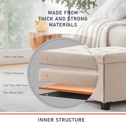 Ornavo Home 15" Square Folding Storage Ottoman Cube with Legs, Beige | Small Linen Storage Ottoman; Fits Compact Spaces; Ideal for Bedroom or Living Room