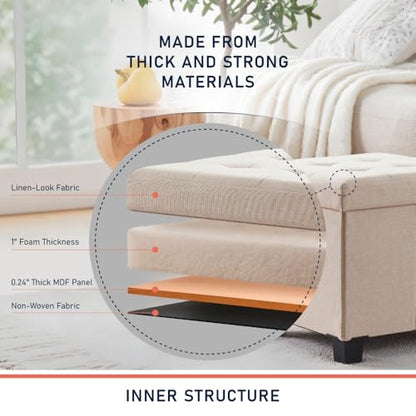 Ornavo Home 15" Square Folding Storage Ottoman Cube with Legs, Beige | Small Linen Storage Ottoman; Fits Compact Spaces; Ideal for Bedroom or Living Room