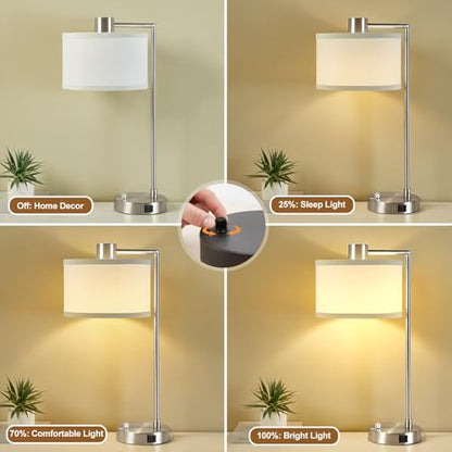 Silver Table Lamp Set of 2, Dimmable Bedside Lamps for Night Stand, USB A+C | Nightstand Lamp with Linen Lampshade, 2 LED Bulbs Included, Desk Lamp for Bedroom, Living Room, End Table, Reading , Office - color: Silver
