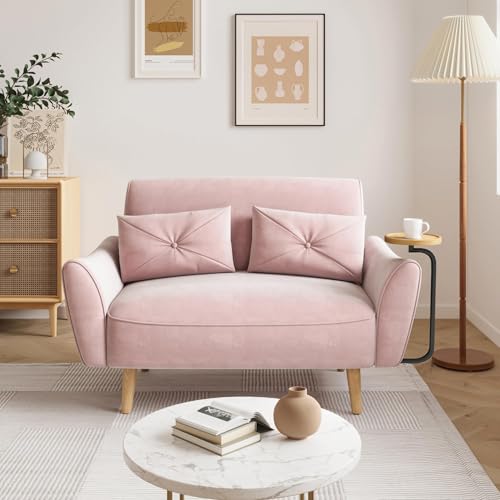 48" Loveseat Sofa - Small Couch for Small Spaces, Convertible Tray Sofa with 2 Pillows, Velvet Couch for Living Room, Bedroom, Apartment, Studio, Pink - color: Pink, size: Velvet