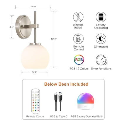 Brushed Nickel Battery Operated Wall Sconce Set of 2, Wireless Rechargeable Sconces Wall Lighting with Remote Control, LED Wall Lights with Opal White Glass Shade, 12 Colors RGB & 3 CCT Bulb - color: Brushed Nickel & Opal Glass, size: Battery 12 Inch