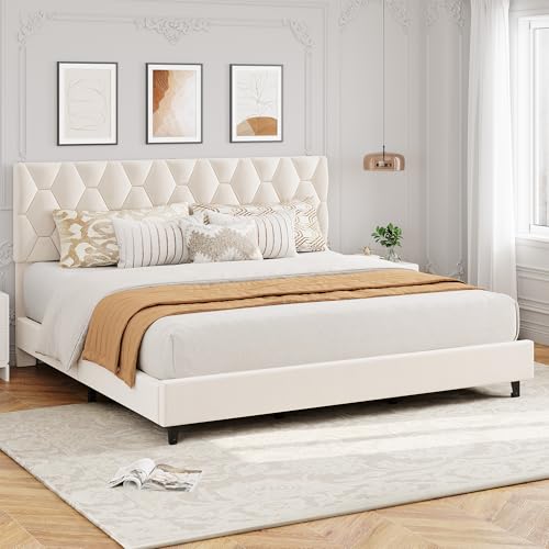 GAOMON King Bed Frame with Upholstered Headboard, Heavy-Duty Platform Bed Frame with Strong Wood Slats, No Box Spring Needed/Noise Free/Easy Assembly, Ivory White | Heavy-Duty Bed Frame with Wooden Slats Support Upholstered Mattress Foundation No Box Spri