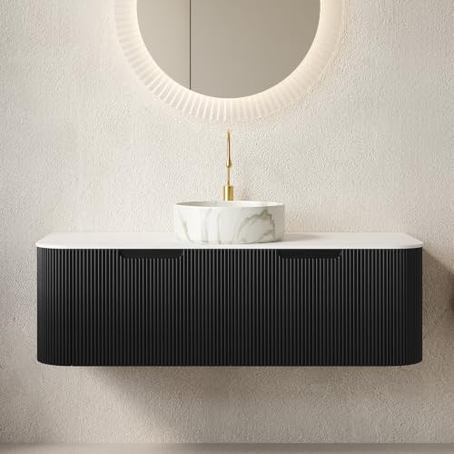 48" Floating Bathroom Vanity with Sink, Wall Mounted Plywood Cabinet, Black Fluted Front, Sintered Stone Countertop, White Marble-Look Ceramic Vessel Sink, Soft-Close Drawer, Pre-Assembled - color: Black Cabinet / White Marble Sink, size: 48 Inch