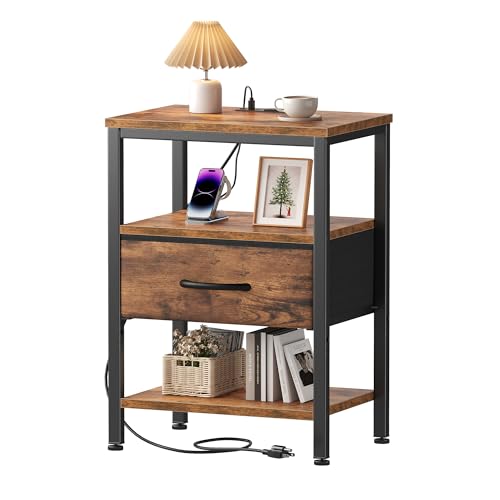 OLIXIS Nightstand with Charging Station, Beside Table with Fabric Drawer | 3-Tier End Table with 2 Storage Shelves,Night Stand with USB Ports and Outlets for Bedroom, Rustic Brown - color: Rustic Brown, size: 15.7"Dx11.8"Wx23.4"H(1 Drawer, 1 Pack)
