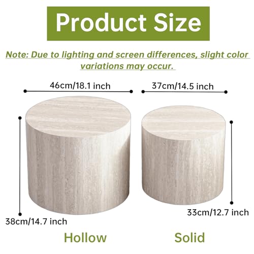 18 inch Stone Round Nesting Coffee Table Set of 2, Travertine | Travertine Veneer, For Living Room, Mid-Century Modern Style, Nestable Design, Nested End Side Table, For Small Spaces - color: Travertine