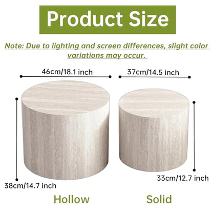 18 inch Stone Round Nesting Coffee Table Set of 2, Travertine | Travertine Veneer, For Living Room, Mid-Century Modern Style, Nestable Design, Nested End Side Table, For Small Spaces - color: Travertine
