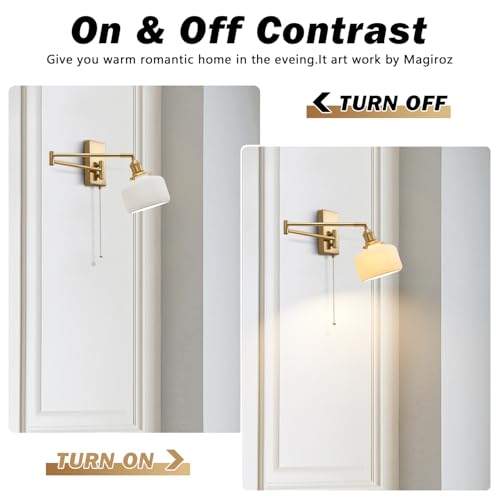 Swing Arm Wall Sconce 2-Pack, Brass Milk Glass Shade, 17.7" | Pull chain, E26 base, bedside vanity bathroom, mid century wall light - color: B-2Pack