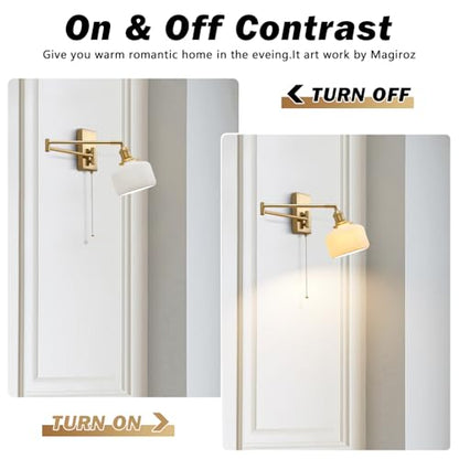 Swing Arm Wall Sconce 2-Pack, Brass Milk Glass Shade, 17.7" | Pull chain, E26 base, bedside vanity bathroom, mid century wall light - color: B-2Pack