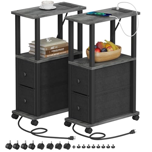 TUTOTAK Small Narrow End Tables, Side Tables with 2 Fabric Drawers, Set of 2, Bedside Tables with Charging Station for Small Spaces, Slim Nightstands with USB Ports and Wheels, TB01BY053 - color: Charcoal Grey, style: with Outlets