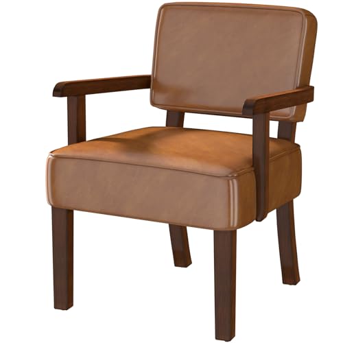 Faux Leather Accent Chair, Mid-Century Armchair with Wood Frame | Upholstered Living Room Chair, Comfy Reading Chair for Bedroom, Waiting Room, Home Office, Easy Assembly, Brown - color: Faux Leather Brown, size: One Chair