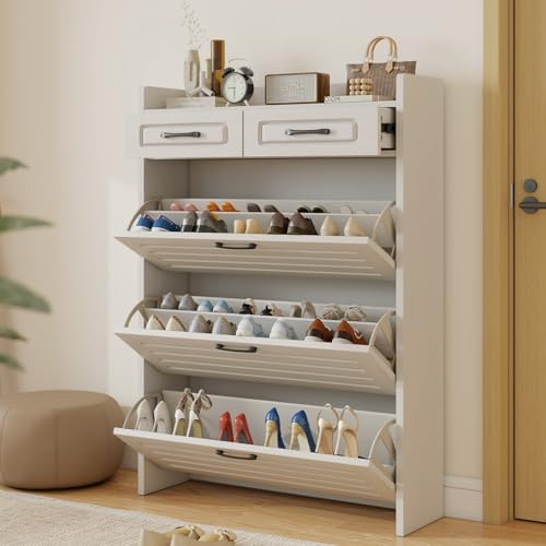 Lakifun Shoe Cabinet for Entryway, Narrow Shoe Storage Cabinet with 3 Flip Drawers and 2 Top Drawers, Modern Shoe Rack Organizer Cabinet for Hallway, Apartment, Living Room, Dark White - color: Dark White