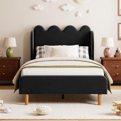Garvee Twin Bed Frame for Kids, Upholstered Scalloped Wave Tall Headboard, Chenille Wingback Design, Wood Slat Support, No Box Spring Needed, Easy Assembly, Black | Upholstered Scalloped Wave Tall Headboard, Wood Slat Support, No Box Spring Needed, Easy A