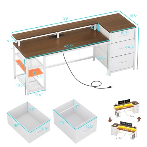 SEDETA 59" Office Desk with Drawers, Reversible Computer Desk with File Drawers & Storage, Gaming Desk with LED Lights & Power Outlet, Home Office Desks for Printer, White and Brown - color: White and Brown, size: 59"