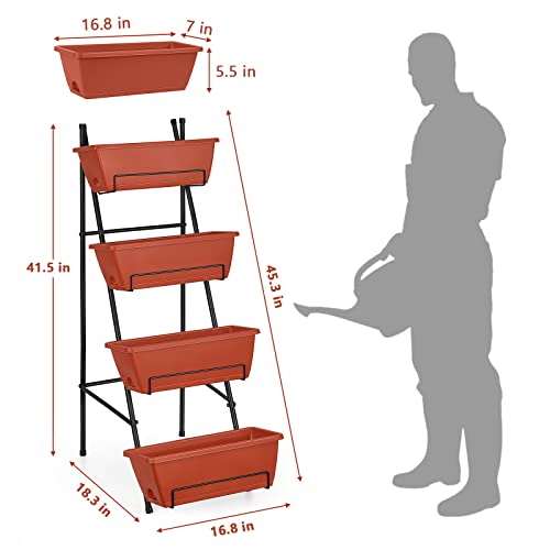 Raised Garden Bed with Legs 4 Tier Vertical Herb Garden Planter, Brick Red | 41.5 IN Tall Elevated Garden Planters with Drainage Holes, Metal Frame, Indoor Outdoor Standing Flower Planters - color: Brick Red