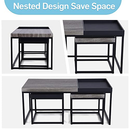MAISON ARTS Nesting Coffee Table Set of 3, Wood-Like and Black | Rectangle Center Table, Morden Living Room Coffee Table and End Table Sets for Home Indoor Use - color: Wood-like&black