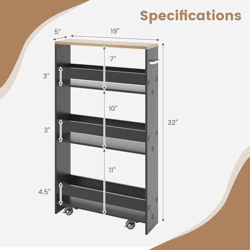 Slim Storage Cart, 4-Tier Rolling Cart with Handle & Wooden Top for Kitchen Bathroom Laundry Living Room Narrow Small Spaces, 5 Inches Width (Grey & Natural) - color: Grey & Natural
