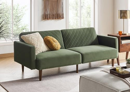 mopio 76.4" Futon Sofa Bed Chevron Styled, Sleeper Couch (Olive Green Velvet) - color: Olive Green Premium Velvet
