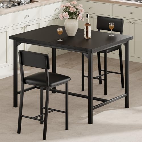 GAOMON Dining Table Set for 2 w/Backrest, Counter Height Table with 2 Upholstered Bar Stools, 3-Piece Kitchen Table Set with Footrest & Corner Protector, for Dining Room, Kitchen, Retro Black