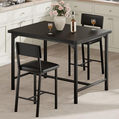 GAOMON Dining Table Set for 2 w/Backrest, Counter Height Table with 2 Upholstered Bar Stools, 3-Piece Kitchen Table Set with Footrest & Corner Protector, for Dining Room, Kitchen, Retro Black