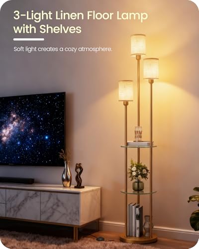 Floor Lamp with Shelves, Modern Floor Lamp with 3 Linen Shades and Foot Switch, 3-Light Standing Lamp, for Living Room, Bedroom, Study, Office, Gold and Beige ED53LD05 - color: Gold + Beige