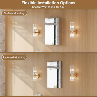 16" x 24" Bathroom Medicine Cabinet with Mirror, Recessed or Wall Mount | Medicine Cabinets with Adjustable Glass Shelves, Soft-Closed Hinge, Chrome Aluminum Frame, Reverse Installation - size: 16" x 24"