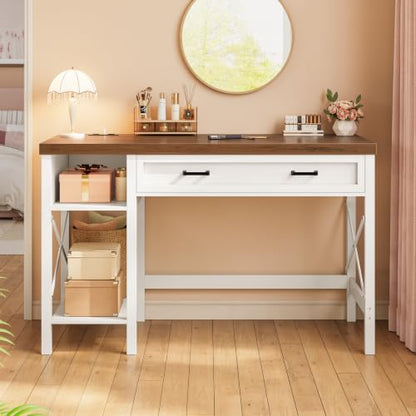 SEDETA Farmhouse Small Desk with Drawers, 40" Computer Desk with Storage Shelves, White Writing Desk for Small Space and Power Outlet, Desk for Bedroom, Home Office - color: White