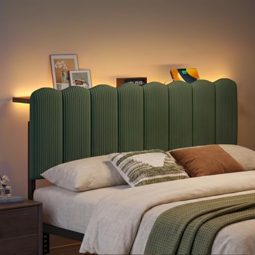 Full LED Light Headboard with Storage Shelf, Olive Green | RGB LED 20 colors 21 modes, remote control, scalloped tufted, USB-A & Type-C ports, storage shelf, adjustable, foam padded - color: Olive Green, size: Full