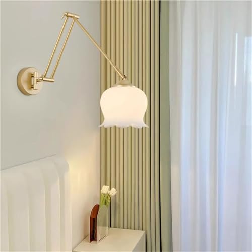 Gold Long Swing arm Iron Wall lamp Background Flower-Shaped Glass Bedside Decorative with E27 Base Suitable for Living Room, Dining, loft and Kitchen Oldsix-66