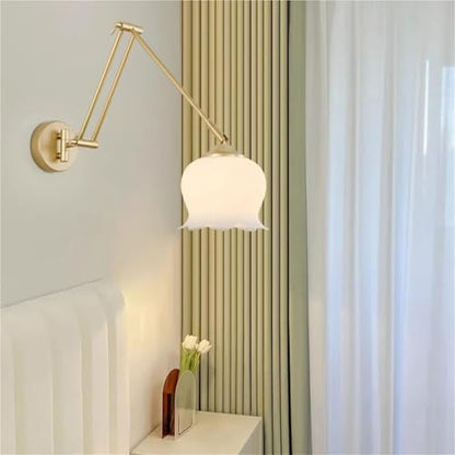 Gold Long Swing arm Iron Wall lamp Background Flower-Shaped Glass Bedside Decorative with E27 Base Suitable for Living Room, Dining, loft and Kitchen Oldsix-66