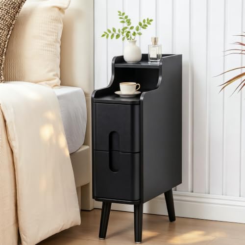 FurSch Narrow Nightstand Set of 2, Wooden Small 2 Drawer, Black | Slim Side End Table, Skinny Bedside Table, Mid Century Modern, 3-1 pc - color: Black 3-1 Pc