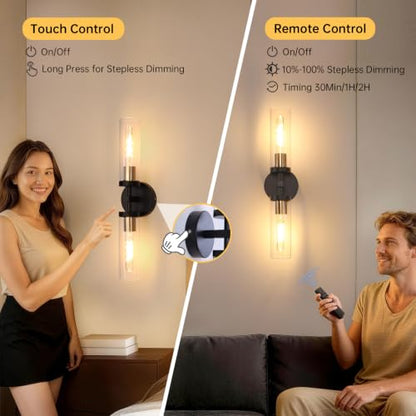 Shenmoyl Set of 2 Wall Sconces, 7800 mAh Battery Operated Wall Sconce with 3 Colors & Remote Control, Black Gold Rechargeable Wall Lamp with Clear Glass Shade for Bedroom, Bathroom, Stairwell, Hallway - color: Double-head Black&Gold - Clear Glass