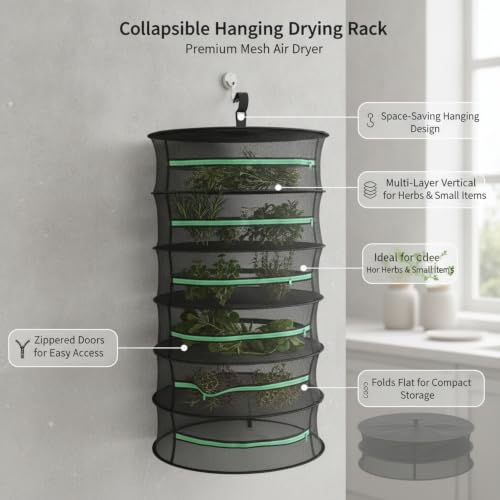 Collapsible Hanging Dryer with Zippered Mesh Layers, Space-Saving Foldable Air Drying Rack for Kitchen, Balcony, and Laundry (Black) - size: 12.99 x 12.99 x 53.15 in